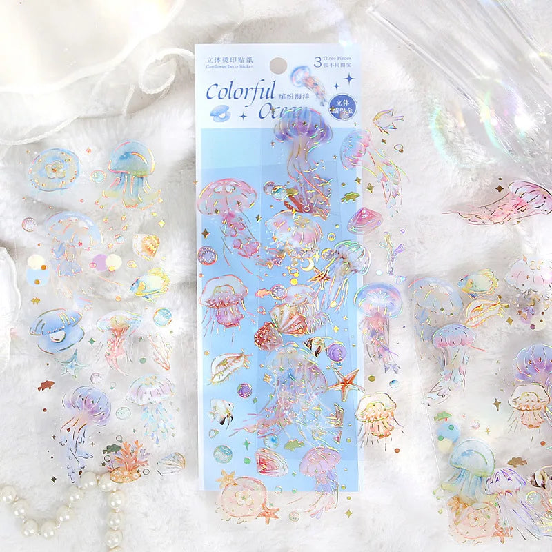 Kawaii decorative stickers with feather, dragonfly, bird, jellyfish