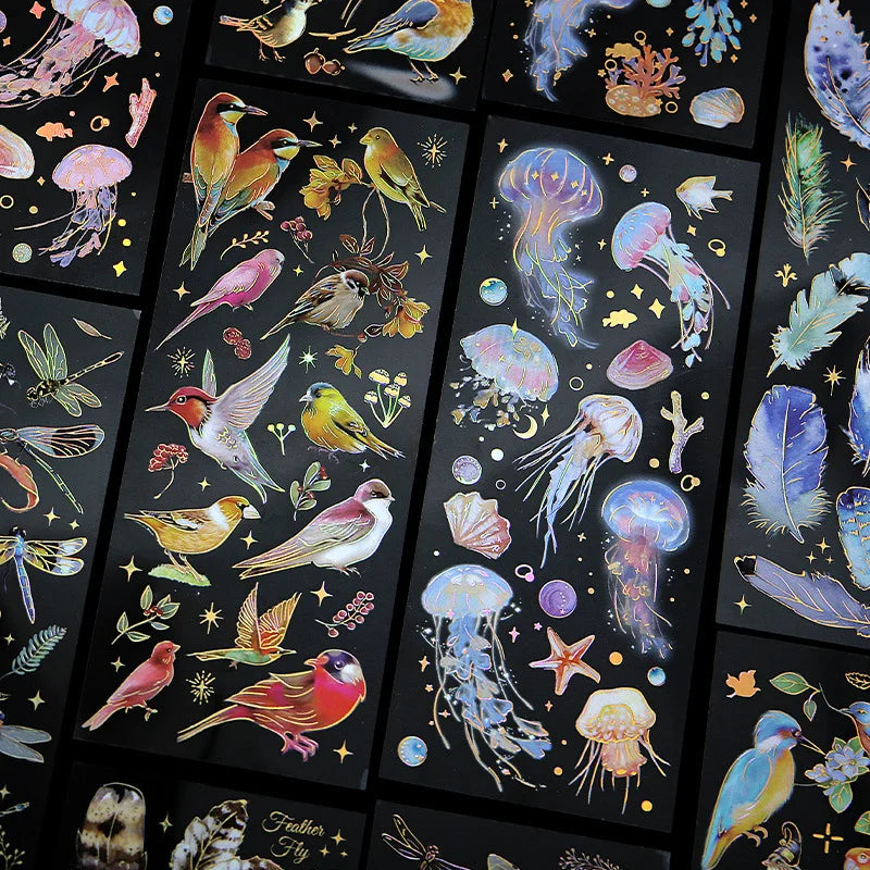 Kawaii decorative stickers with feather, dragonfly, bird, jellyfish