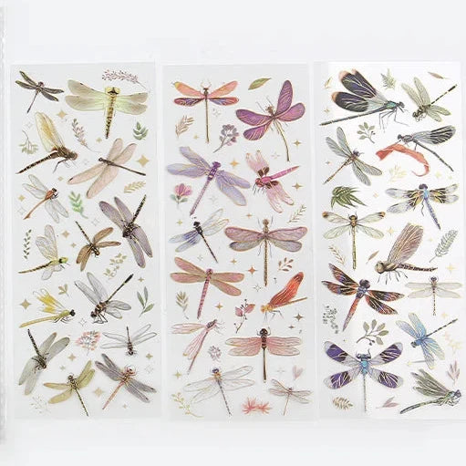 Kawaii decorative stickers with feather, dragonfly, bird, jellyfish