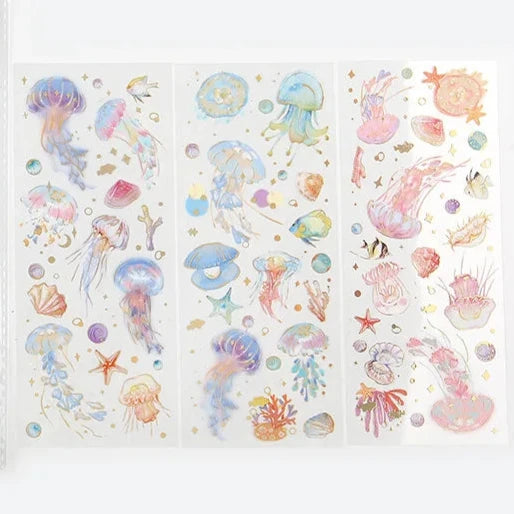 Kawaii decorative stickers with feather, dragonfly, bird, jellyfish