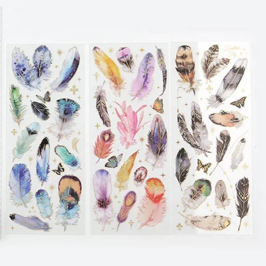 Kawaii decorative stickers with feather, dragonfly, bird, jellyfish