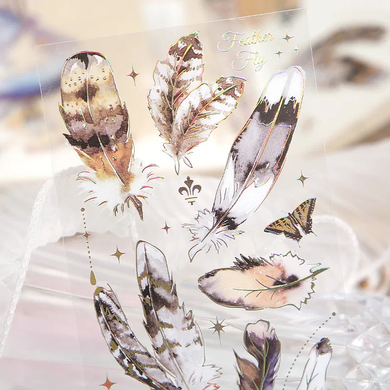 Kawaii decorative stickers with feather, dragonfly, bird, jellyfish